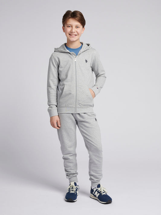 Boys Double Horsemen Zip Hoodie in Mid Grey Marl