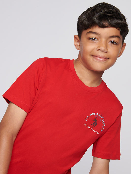 Boys Front Back Print Graphic T-Shirt in Haute Red