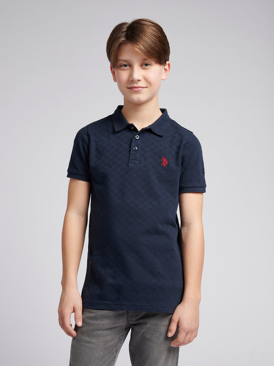 Boys Check Texture Polo Shirt in Dark Sapphire Navy / Haute Red DHM