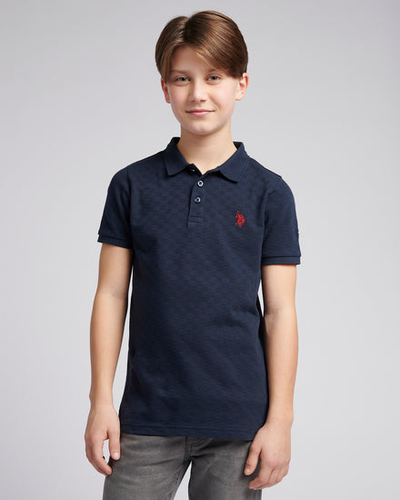 Boys Check Texture Polo Shirt in Dark Sapphire Navy / Haute Red DHM