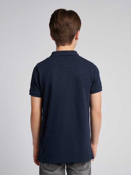 Boys Check Texture Polo Shirt in Dark Sapphire Navy / Haute Red DHM