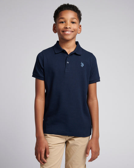 Boys Vertical Texture Polo Shirt in Dark Sapphire Navy / Moonlight Blue DHM