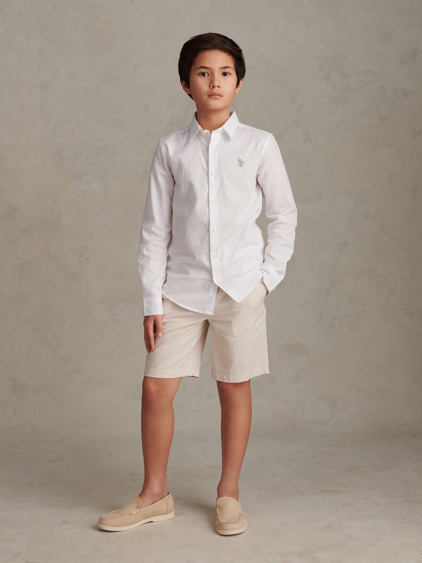 Boys Linen Blend Shirt Bright White / Harbour Mist
