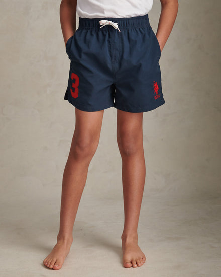 Boys Player 3 Swim Shorts Dark Sapphire Navy / Haute Red DHM
