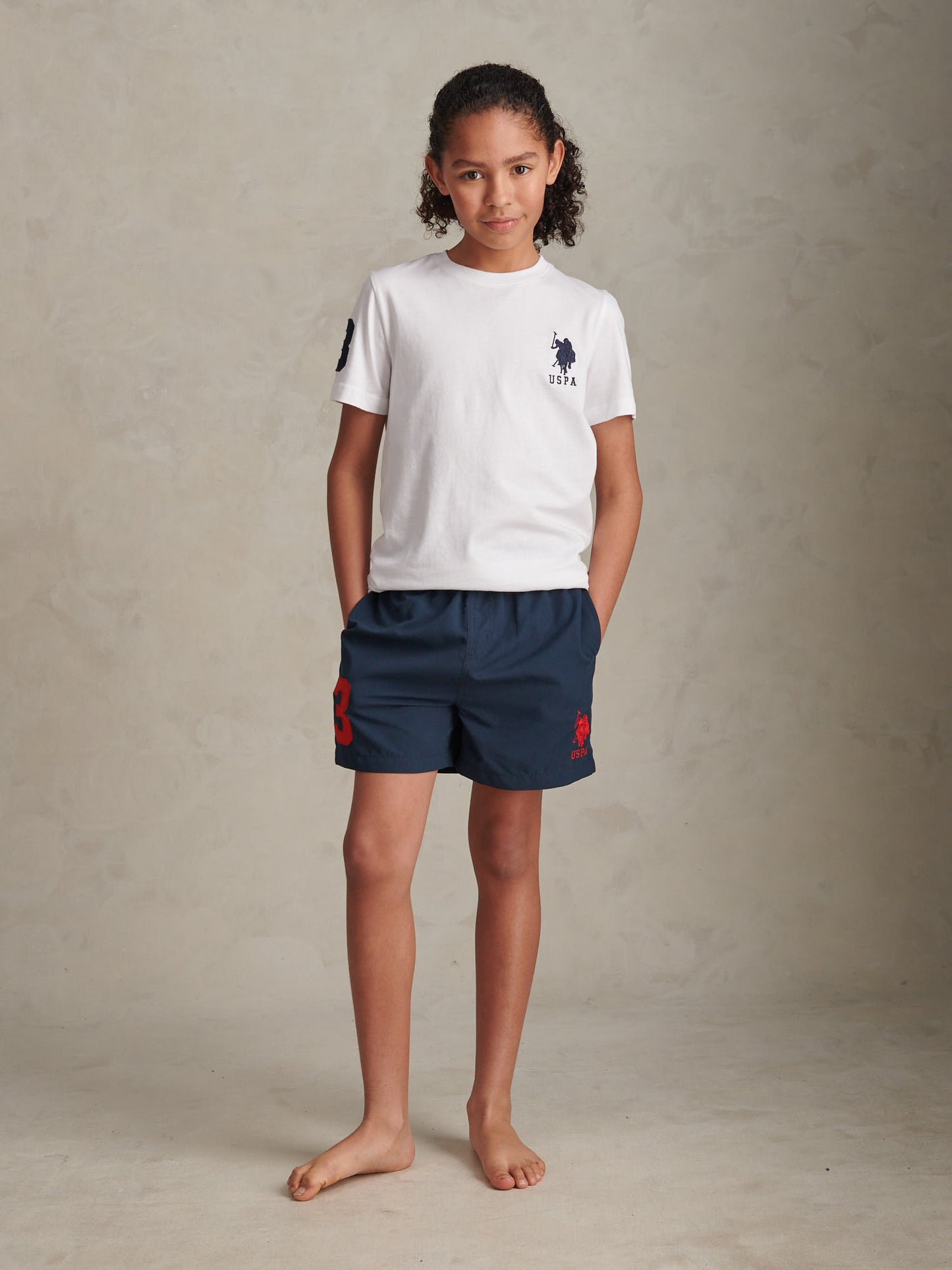 Boys Player 3 Swim Shorts Dark Sapphire Navy / Haute Red DHM