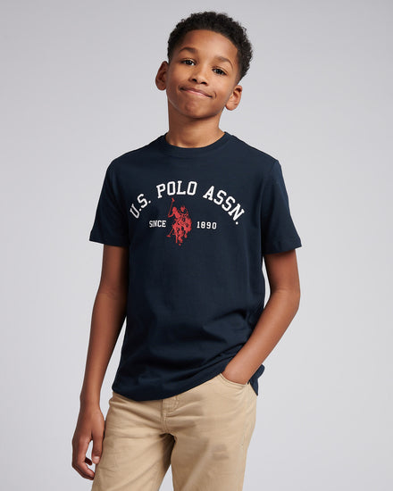 Boys Signature Arch Print T-Shirt in Dark Sapphire Navy