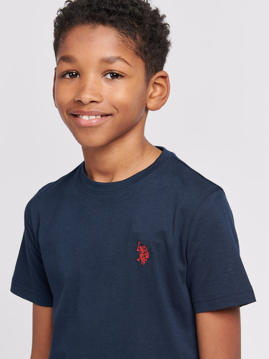 Boys Texture Double Horsemen T-Shirt in Dark Sapphire Navy / Haute Red DHM