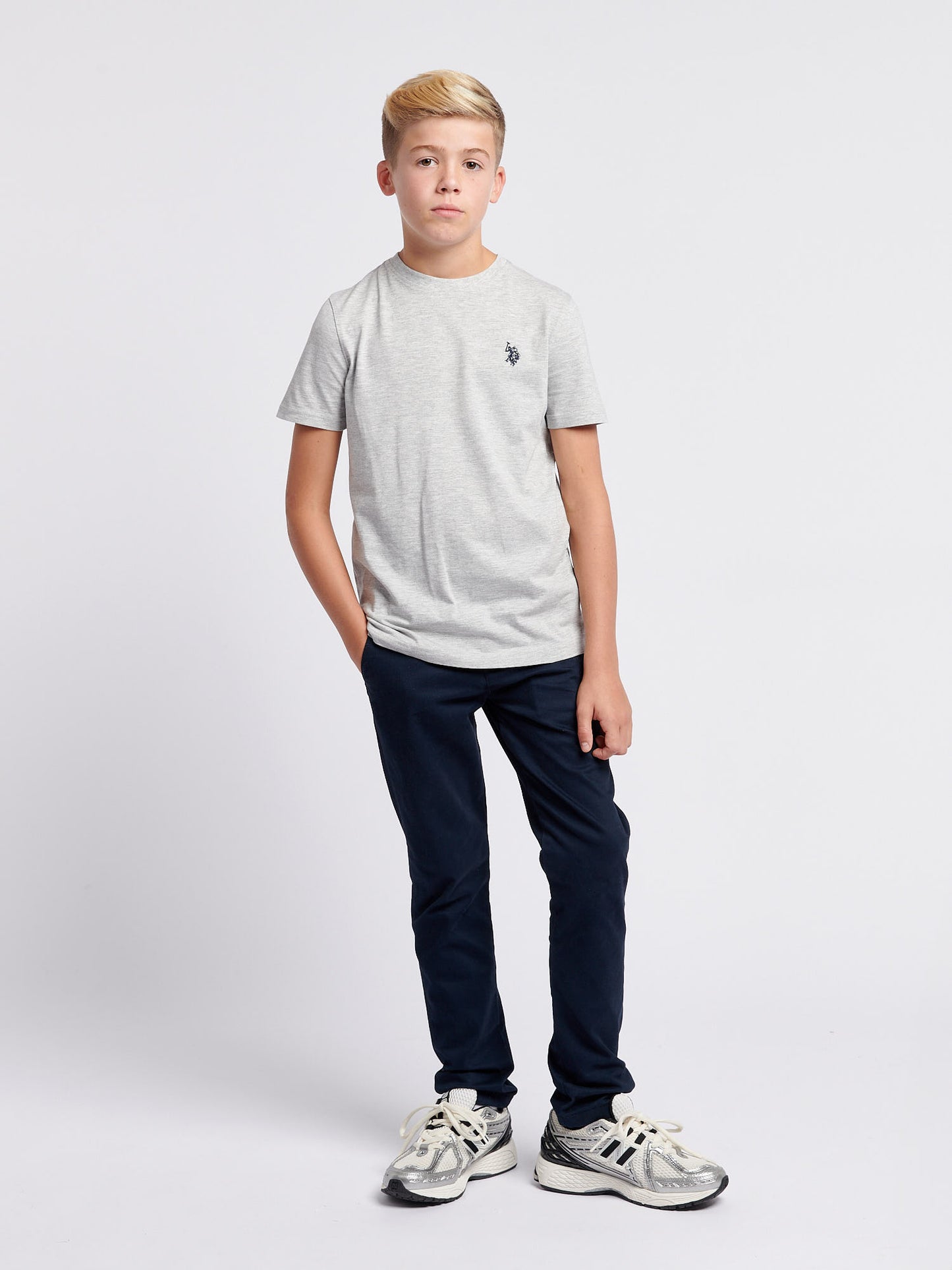 Boys Texture Double Horsemen T-Shirt in Mid Grey Marl