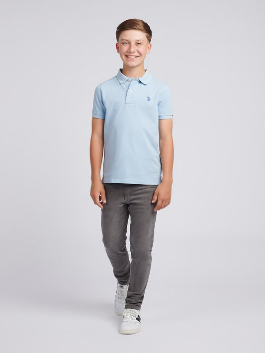 Boys Double Horsemen Polo Shirt in Chambray Blue