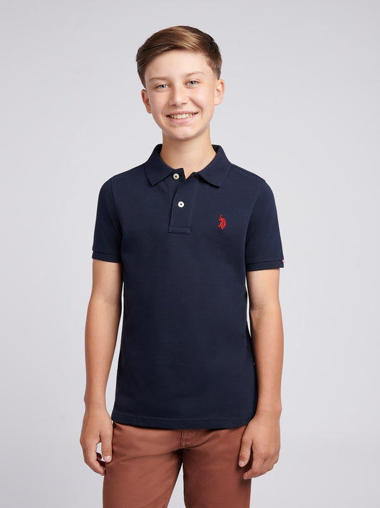 Boys Double Horsemen Polo Shirt in Dark Sapphire Navy / Haute Red DHM