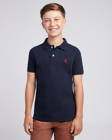 Boys Double Horsemen Polo Shirt in Dark Sapphire Navy / Haute Red DHM