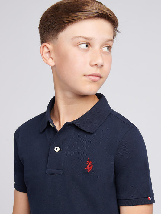 Boys Double Horsemen Polo Shirt in Dark Sapphire Navy / Haute Red DHM
