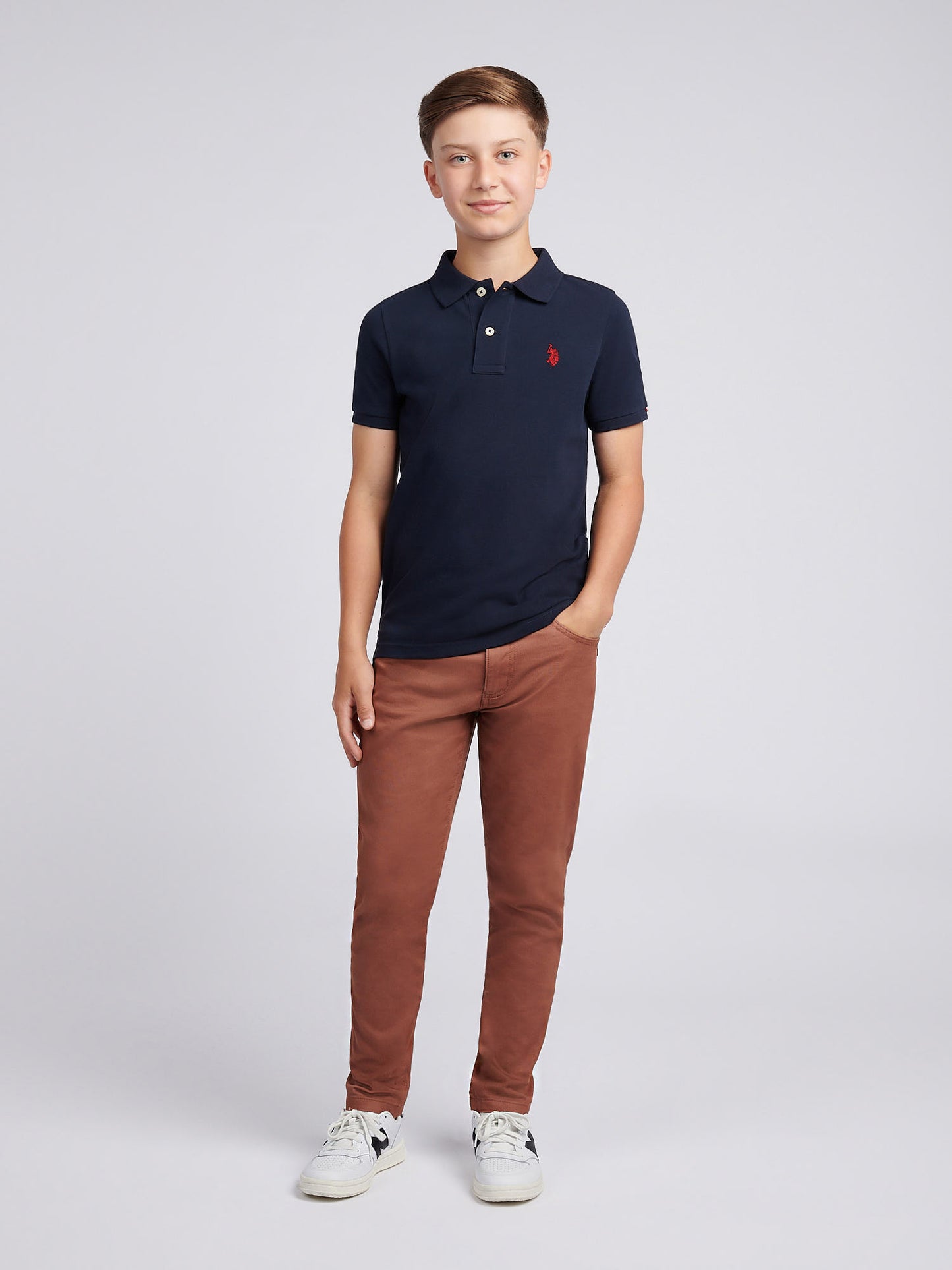 Boys Double Horsemen Polo Shirt in Dark Sapphire Navy / Haute Red DHM