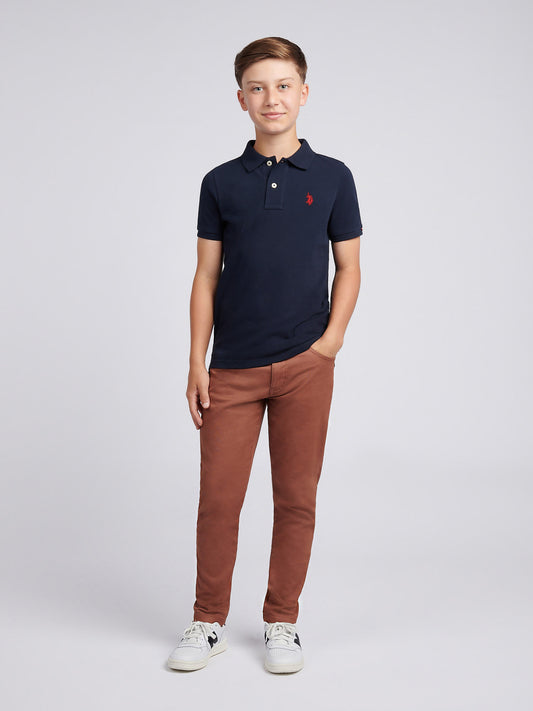 Boys Double Horsemen Polo Shirt in Dark Sapphire Navy / Haute Red DHM