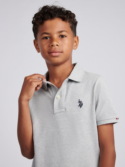 Boys Double Horsemen Polo Shirt in Mid Grey Marl