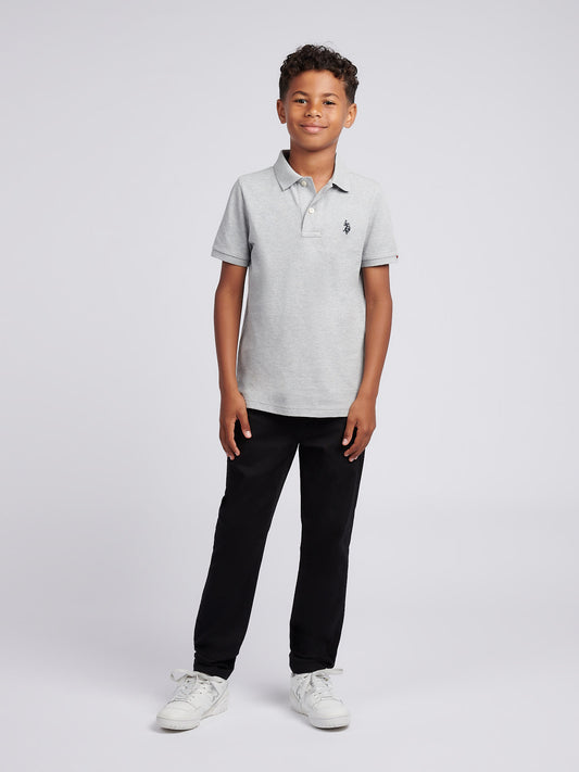 Boys Double Horsemen Polo Shirt in Mid Grey Marl