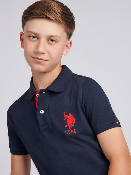 Boys Player 3 Polo Shirt in Dark Sapphire Navy / Haute Red DHM