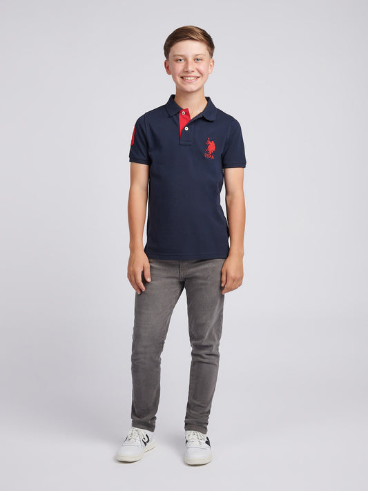 Boys Player 3 Polo Shirt in Dark Sapphire Navy / Haute Red DHM