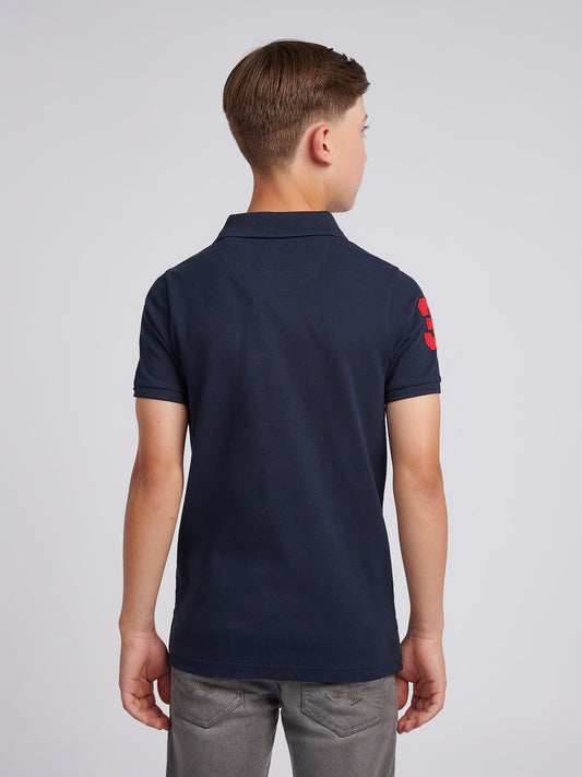 Boys Player 3 Polo Shirt in Dark Sapphire Navy / Haute Red DHM