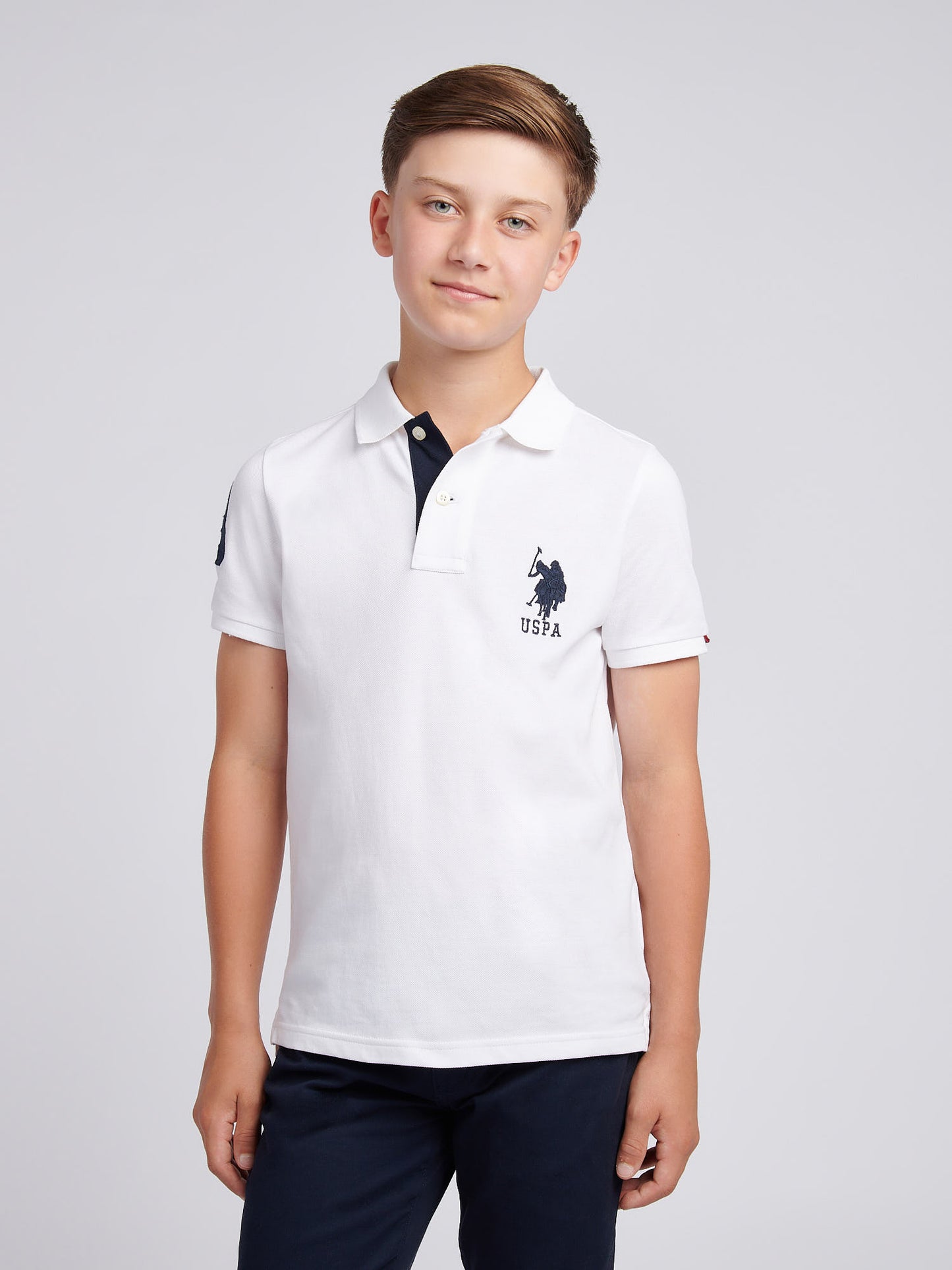 Boys Player 3 Polo Shirt in White / Dark Sapphire Navy DHM
