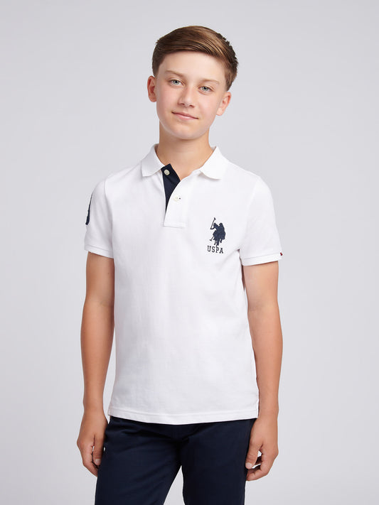 Boys Player 3 Polo Shirt in White / Dark Sapphire Navy DHM