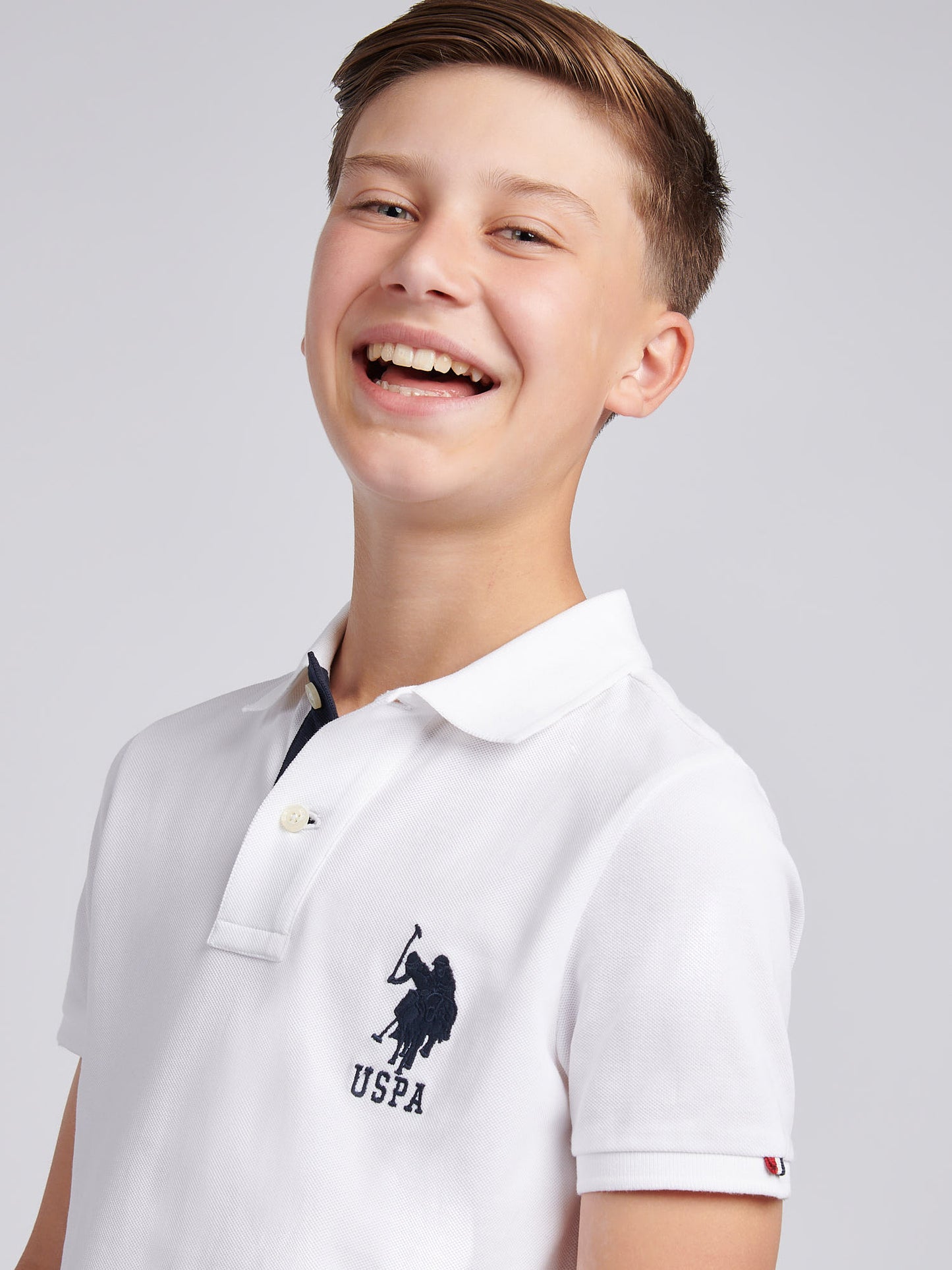 Boys Player 3 Polo Shirt in White / Dark Sapphire Navy DHM