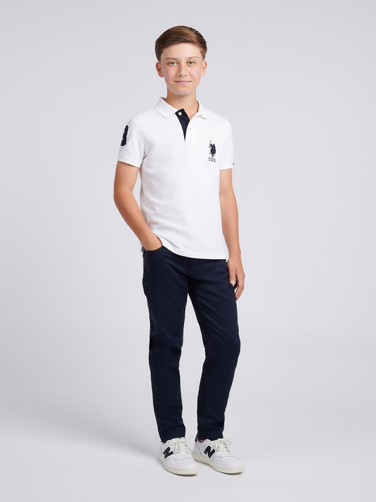 Boys Player 3 Polo Shirt in White / Dark Sapphire Navy DHM