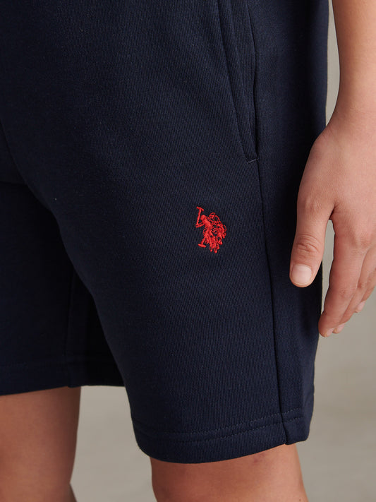 Boys Double Horsemen Sweat Shorts Dark Sapphire Navy / Haute Red DHM