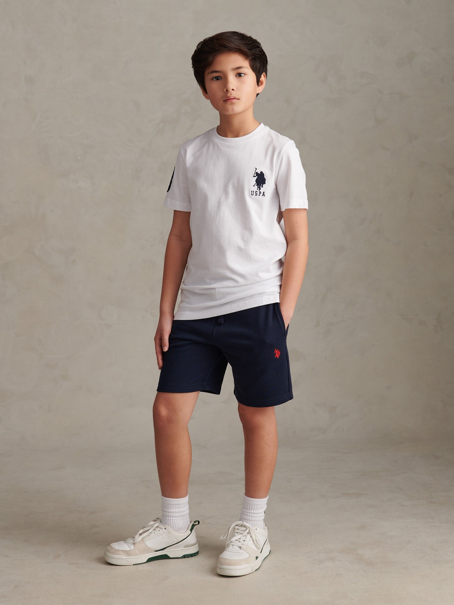Boys Double Horsemen Sweat Shorts Dark Sapphire Navy / Haute Red DHM