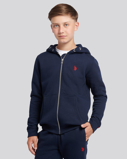 Boys Double Horsemen Zip Hoodie in Dark Sapphire Navy / Haute Red DHM