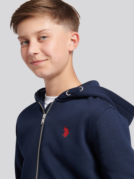 Boys Double Horsemen Zip Hoodie in Dark Sapphire Navy / Haute Red DHM