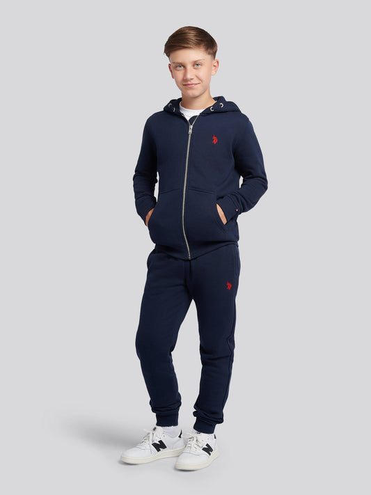 Boys Double Horsemen Zip Hoodie in Dark Sapphire Navy / Haute Red DHM