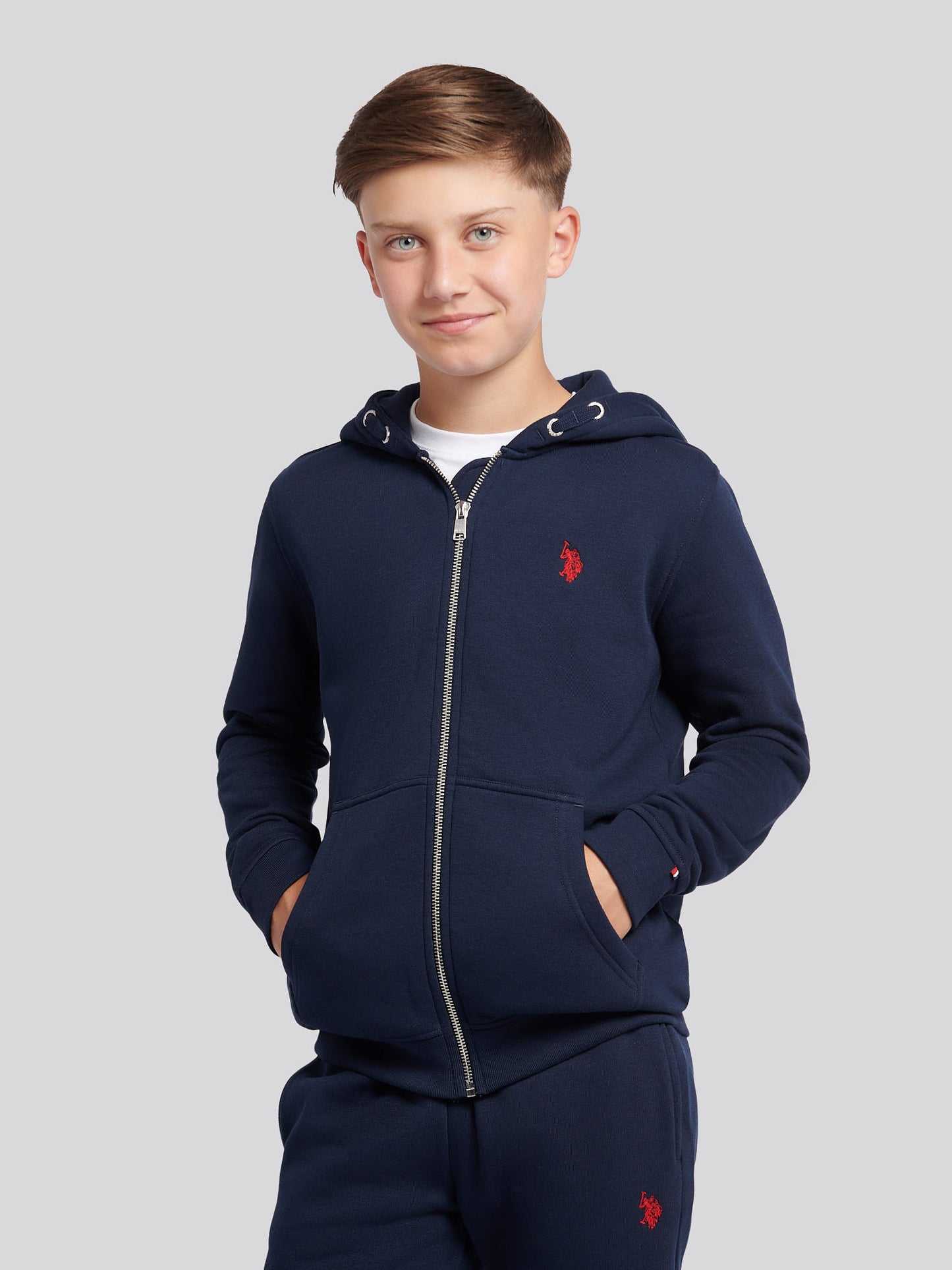 Boys Double Horsemen Zip Hoodie in Dark Sapphire Navy / Haute Red DHM