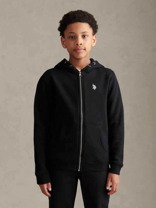 Boys Double Horsemen Zip Hoodie in Black Bright White DHM