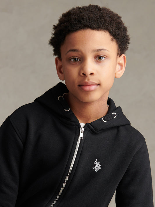 Boys Double Horsemen Zip Hoodie in Black Bright White DHM