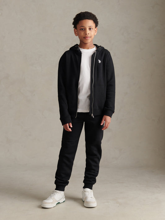 Boys Double Horsemen Zip Hoodie in Black Bright White DHM