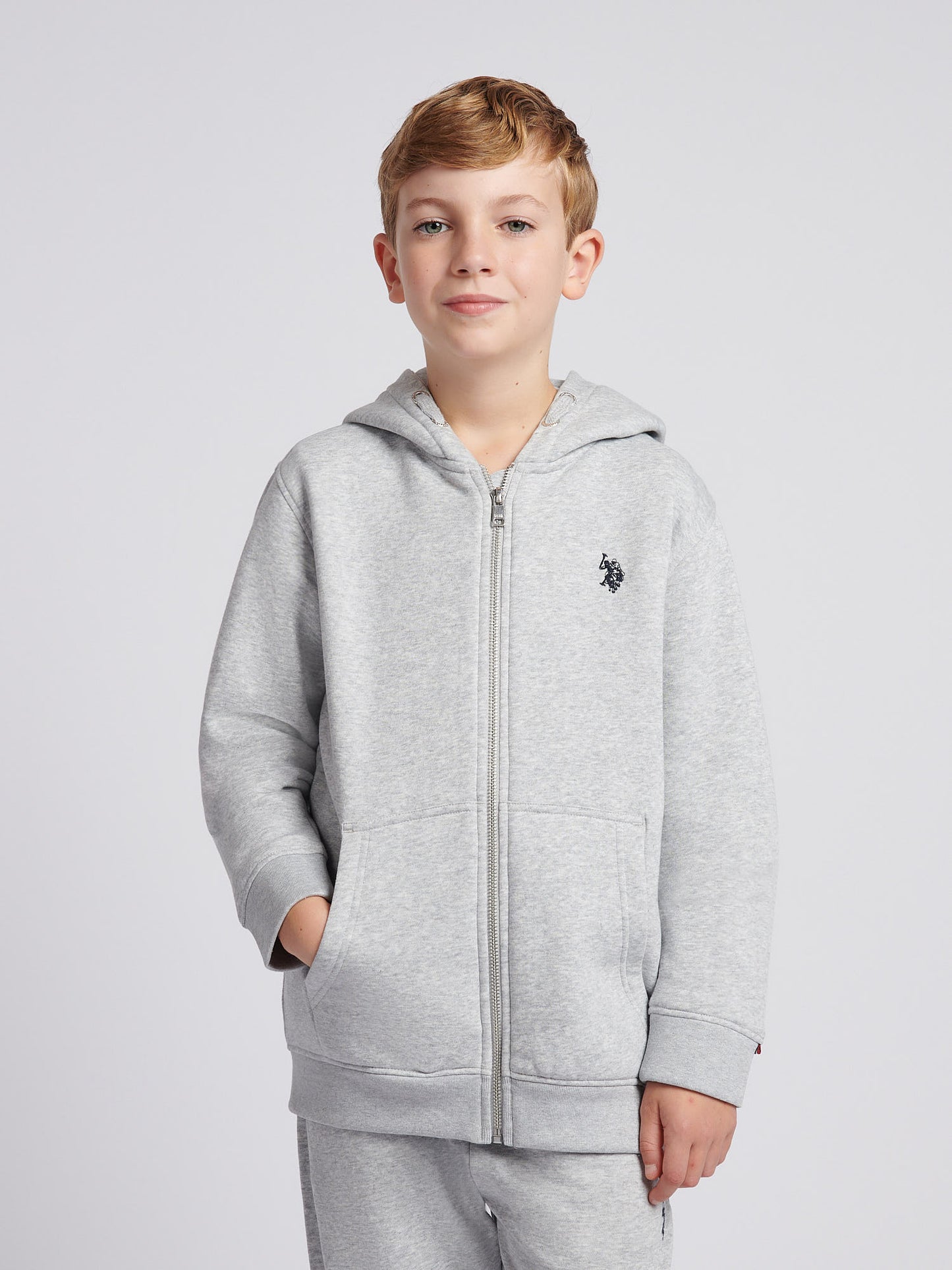 Boys Double Horsemen Zip Hoodie in Mid Grey Marl