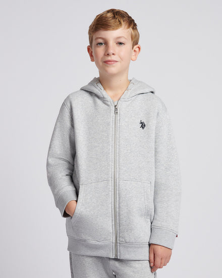 Boys Double Horsemen Zip Hoodie in Mid Grey Marl