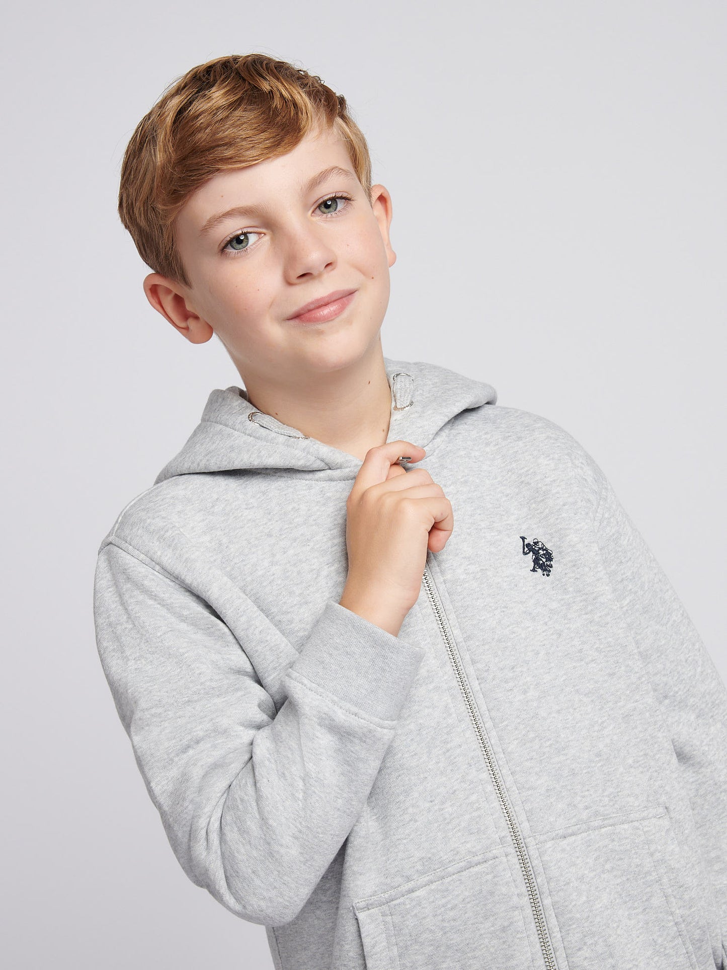 Boys Double Horsemen Zip Hoodie in Mid Grey Marl
