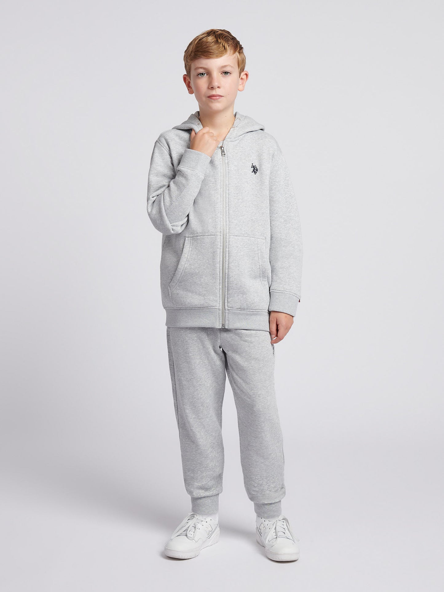 Boys Double Horsemen Zip Hoodie in Mid Grey Marl