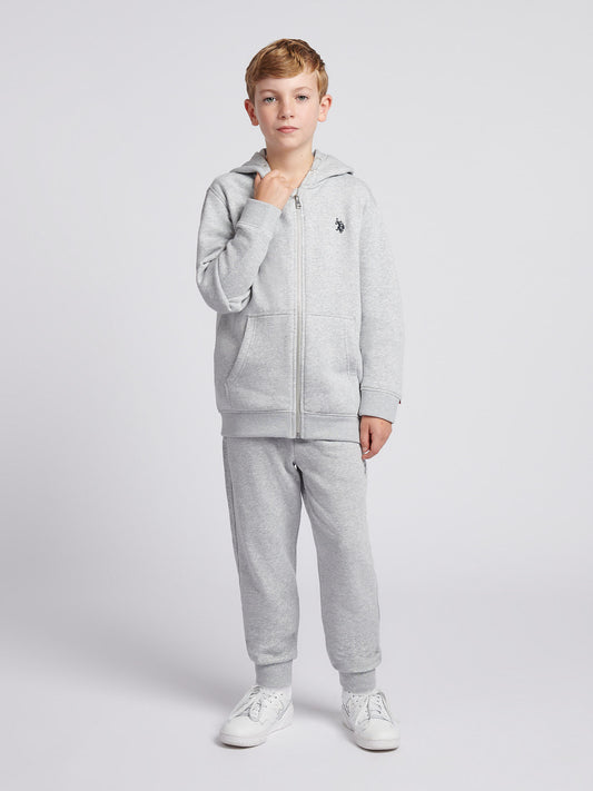 Boys Double Horsemen Zip Hoodie in Mid Grey Marl