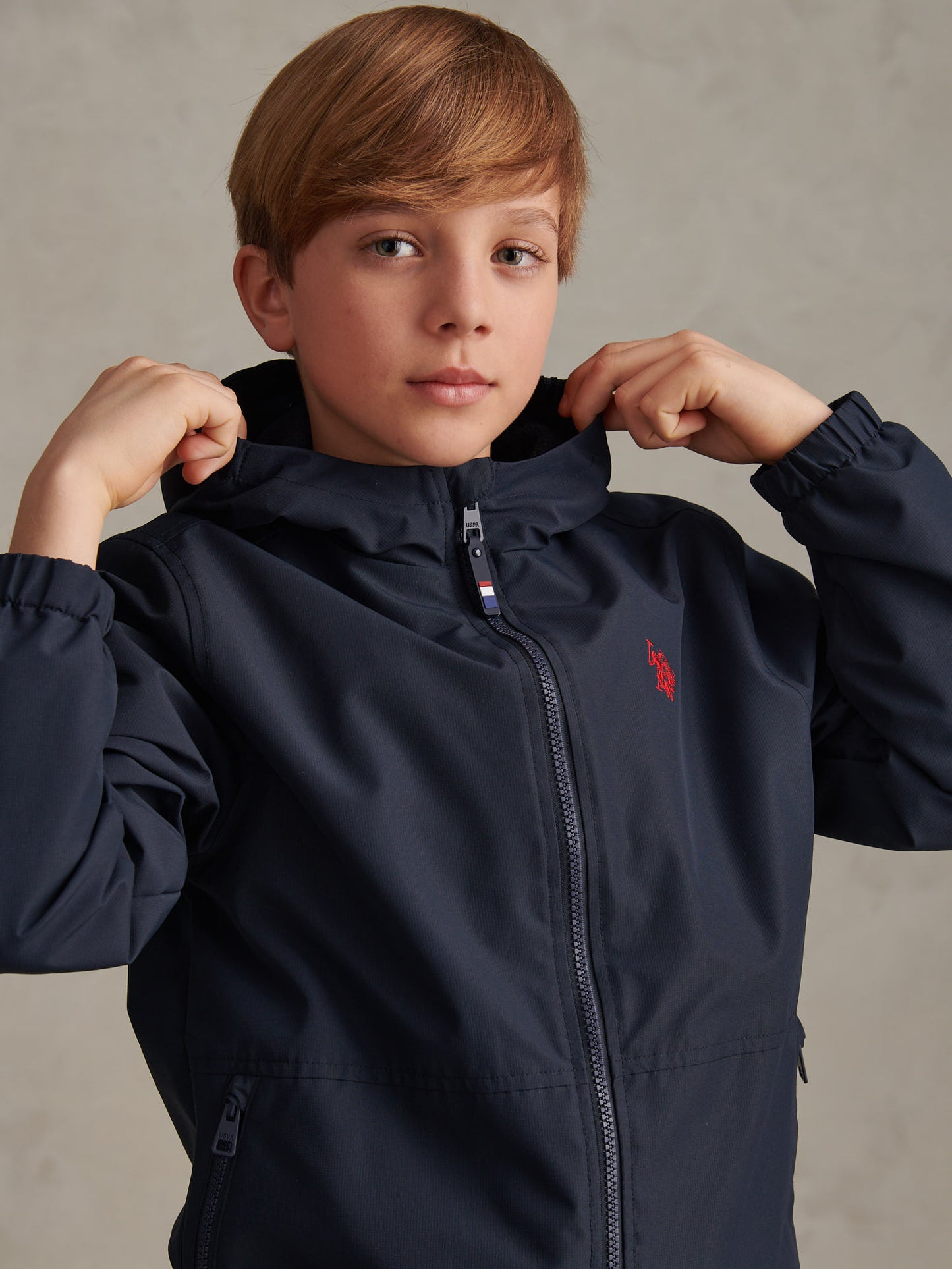 Boys Fleece Lined Windbreaker Jacket Dark Sapphire Navy / Haute Red DHM