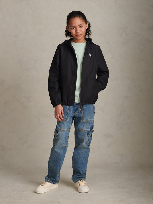 Boys Fleece Lined Windbreaker Jacket Black Bright White DHM