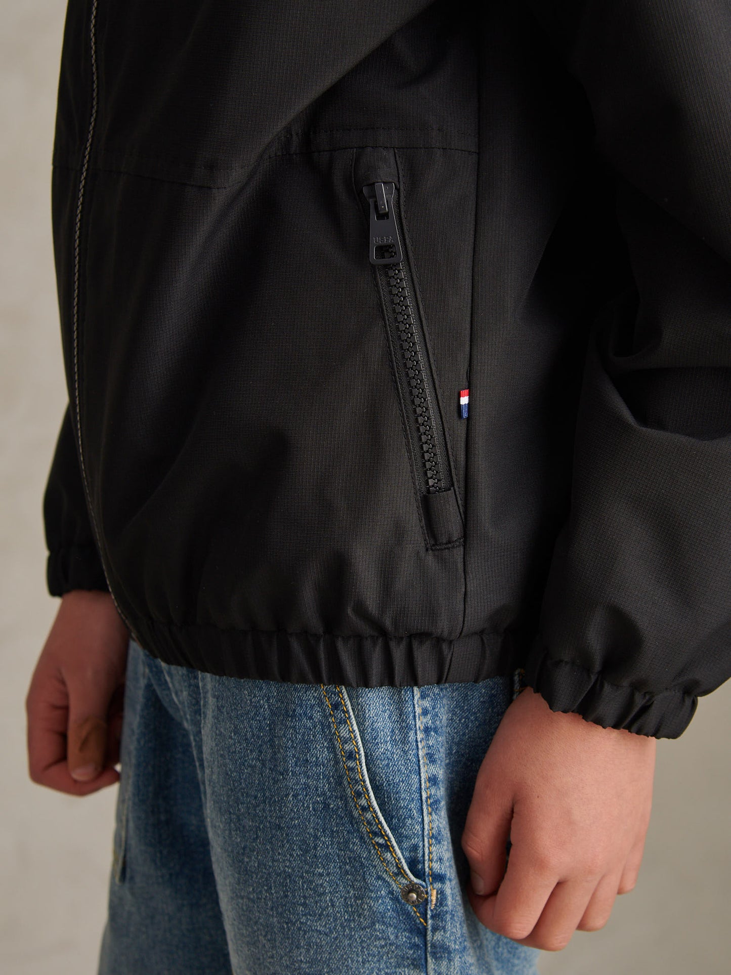 Boys Fleece Lined Windbreaker Jacket Black Bright White DHM