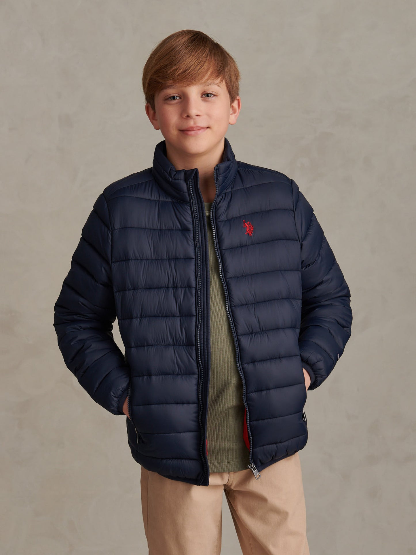 Boys Lightweight Quilted Jacket Dark Sapphire Navy / Haute Red DHM