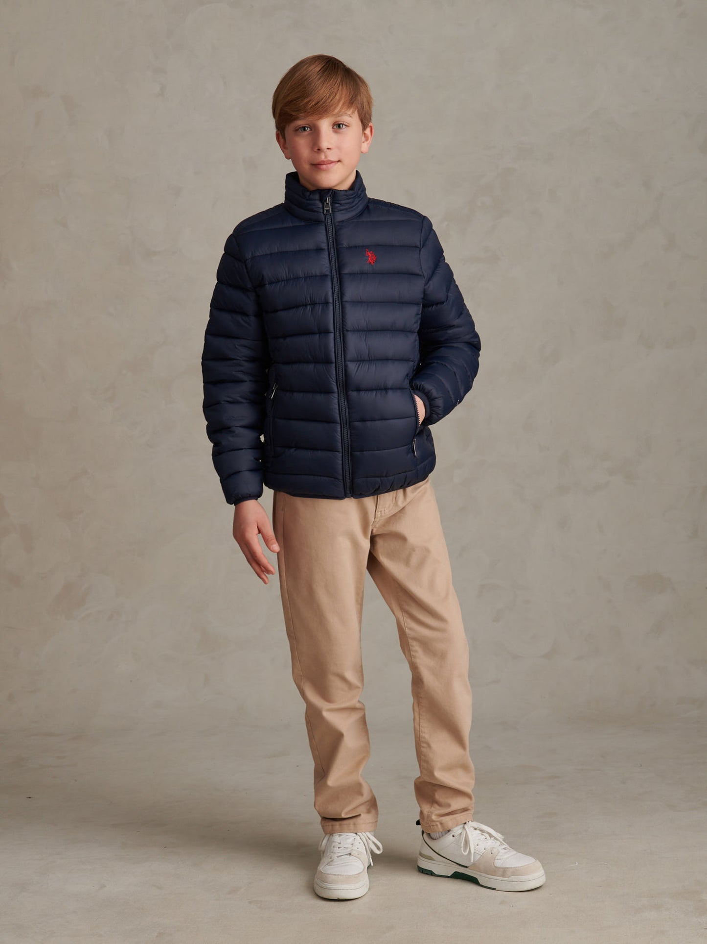 Boys Lightweight Quilted Jacket Dark Sapphire Navy / Haute Red DHM