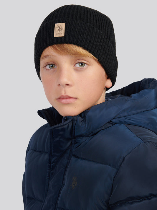 Boys Signature Double Horsemen Knit Beanie in Black