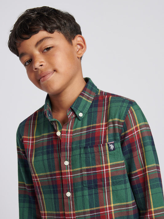 Boys Checked Buttondown Pocket Shirt in Pineneedle
