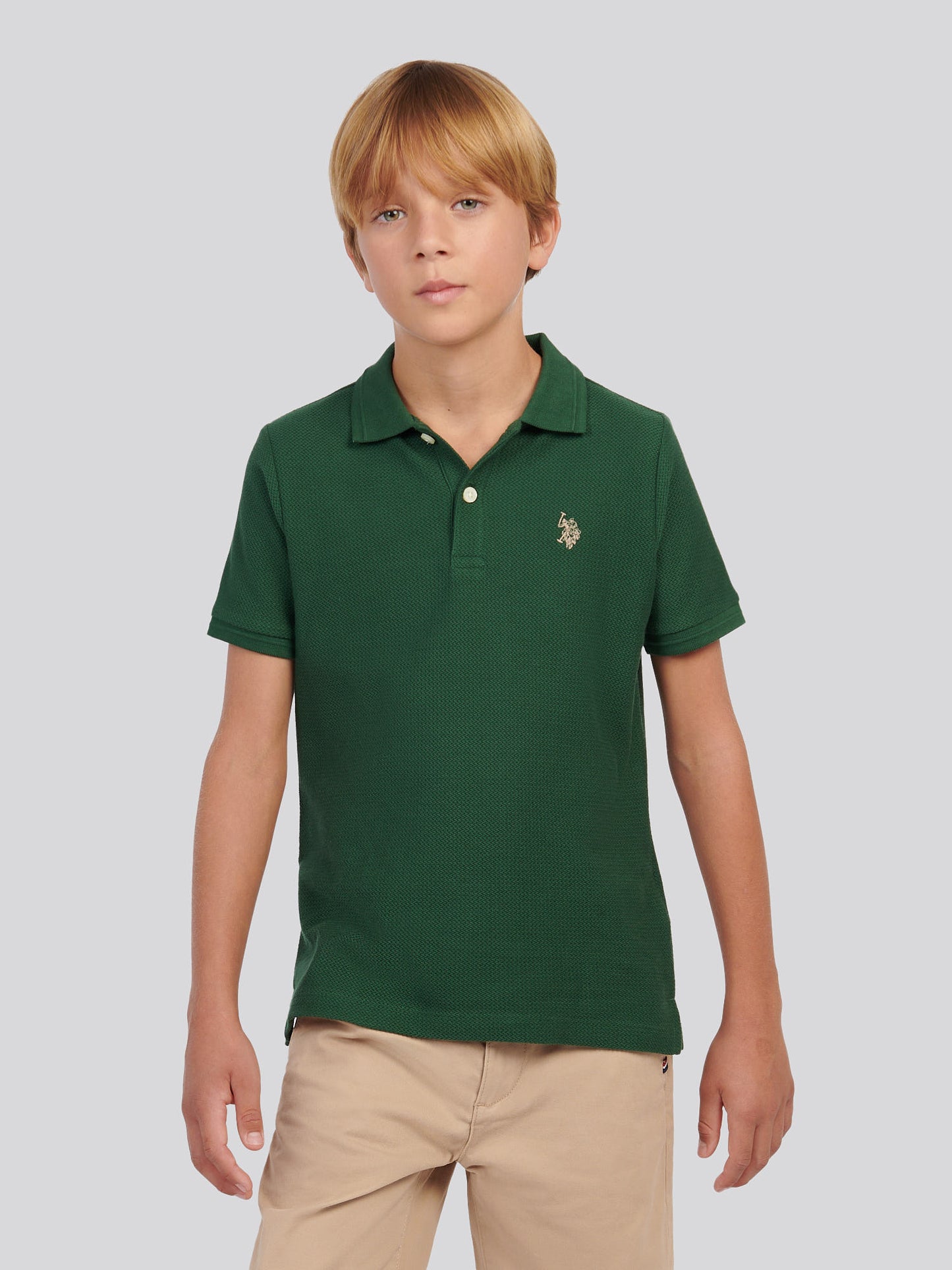 Boys Herringbone Texture Polo Shirt in Pineneedle