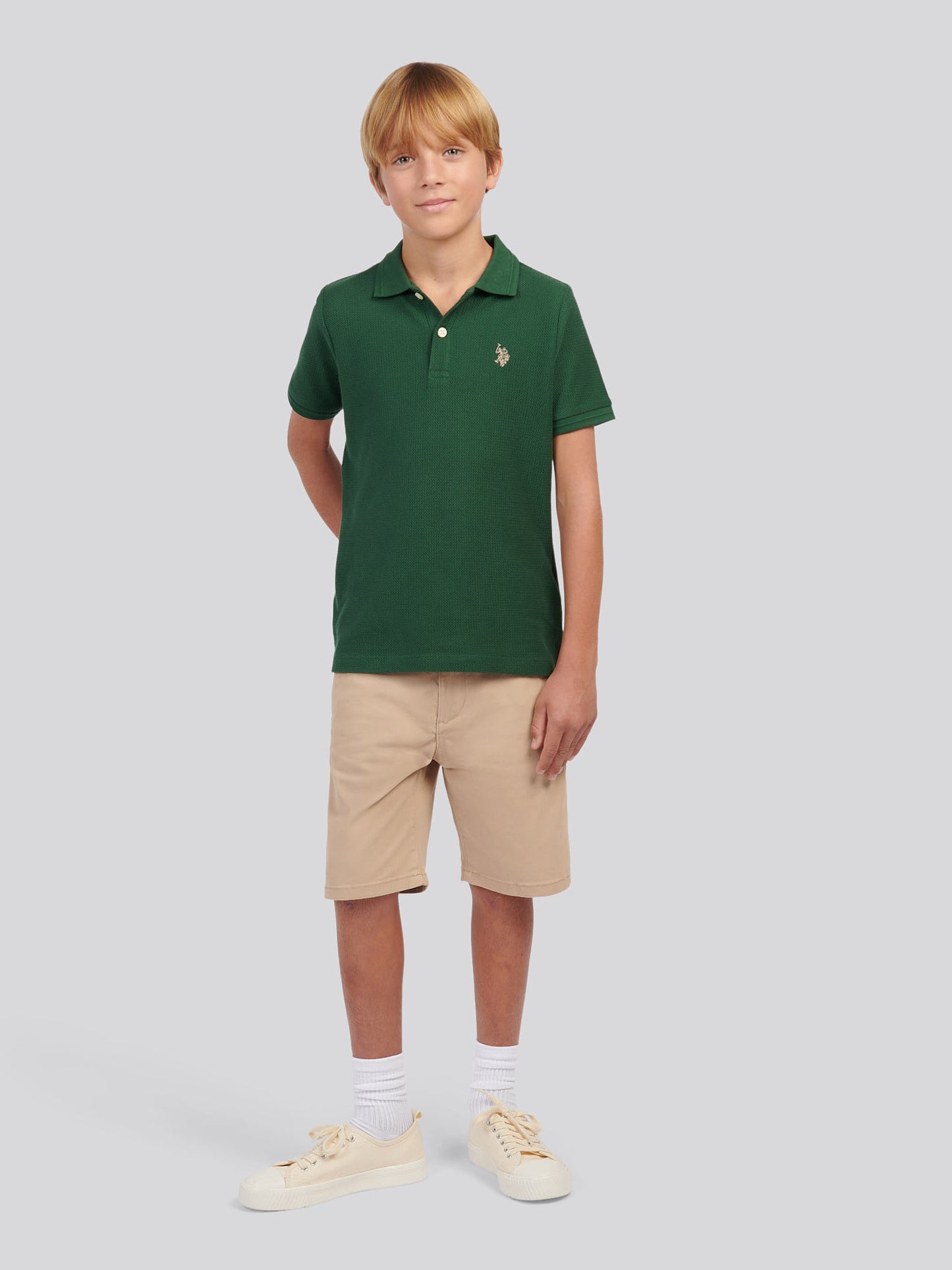 Boys Herringbone Texture Polo Shirt in Pineneedle